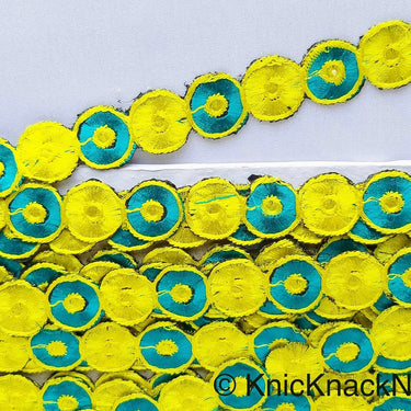 Yellow & Teal Embroidered Circles Cutwork Trim, Approx. 22mm Wide